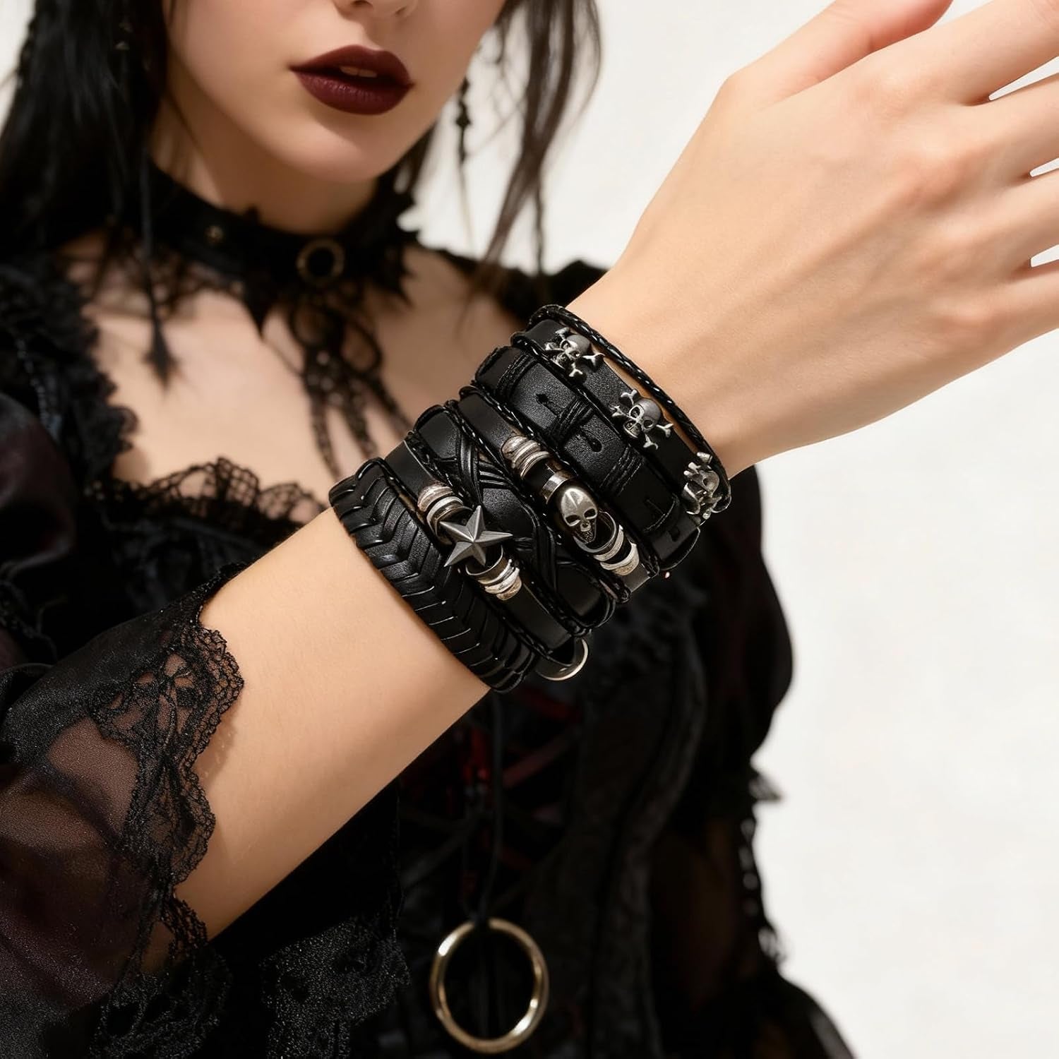 Gothic Leather Cuff Bracelet Bracelet Femme for Men Women Goth Punk Leather Wristband Skull Stackable Braided Cuff Bracelets Multi Layer Wrist Bracelets Punk Rock Jewelry Black