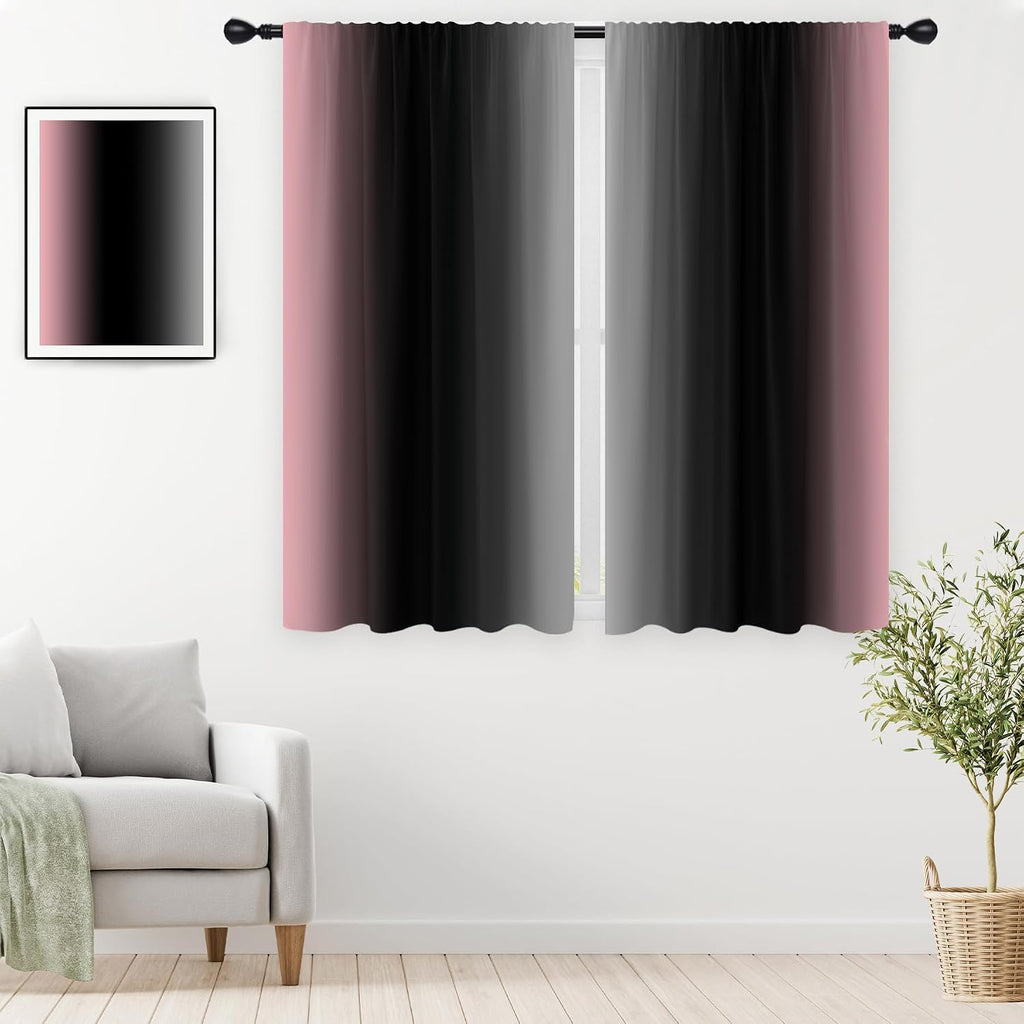 Black Pink Grey Curtain, Ombre, 2 Panels, 42" W X 63" L, Rod Pocket | Cute Princess Bedroom Theme, Pretty Beautiful Aesthetic, Dark Moody Gothic Halloween Style, Window Drapes Decor