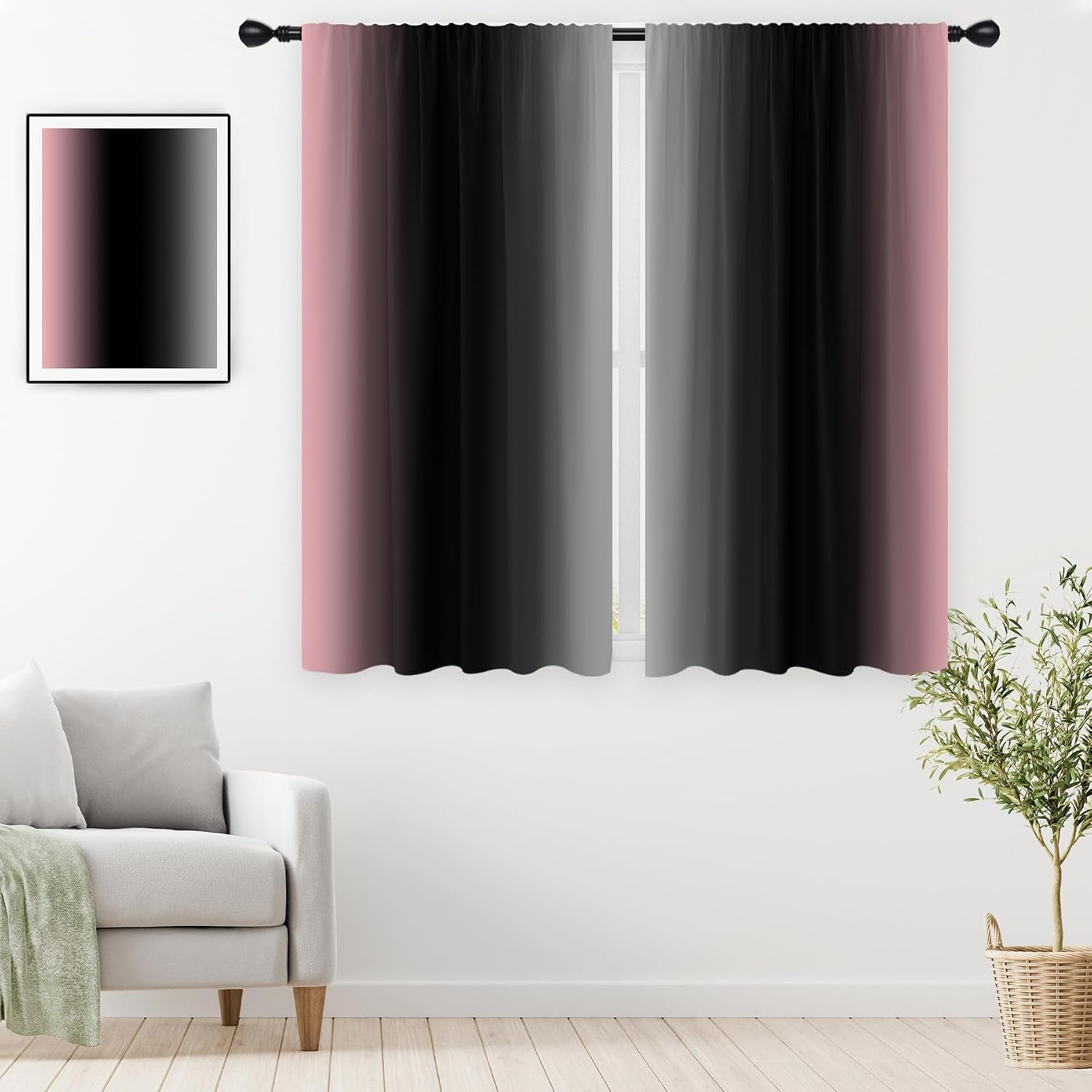 Black Pink Grey Curtain, Ombre, 2 Panels, 42" W X 63" L, Rod Pocket | Cute Princess Bedroom Theme, Pretty Beautiful Aesthetic, Dark Moody Gothic Halloween Style, Window Drapes Decor
