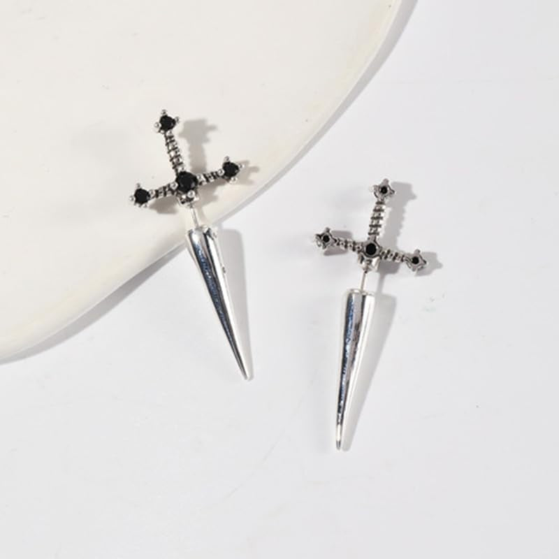 Gothic Punk Dagger Sword Stud Earrings - Black Cubic Zirconia Screw Earrings for Women & Men - Halloween Costume Jewelry Gifts