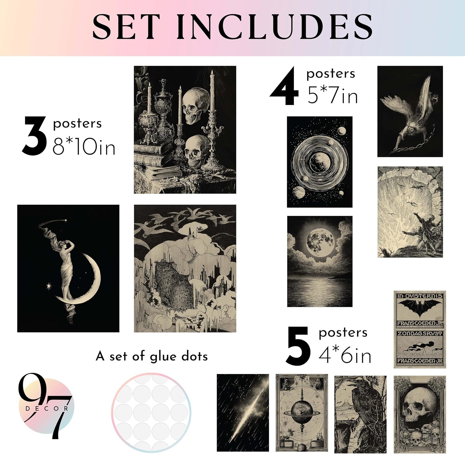 Gothic Wall Art, 9 Spooky Witchy Prints, 8X10 Unframed | Dark Academia and Grunge Designs, 3 8X10, 4 5X7, 5 4X6 Prints, Halloween Dorm and Bedroom Decor