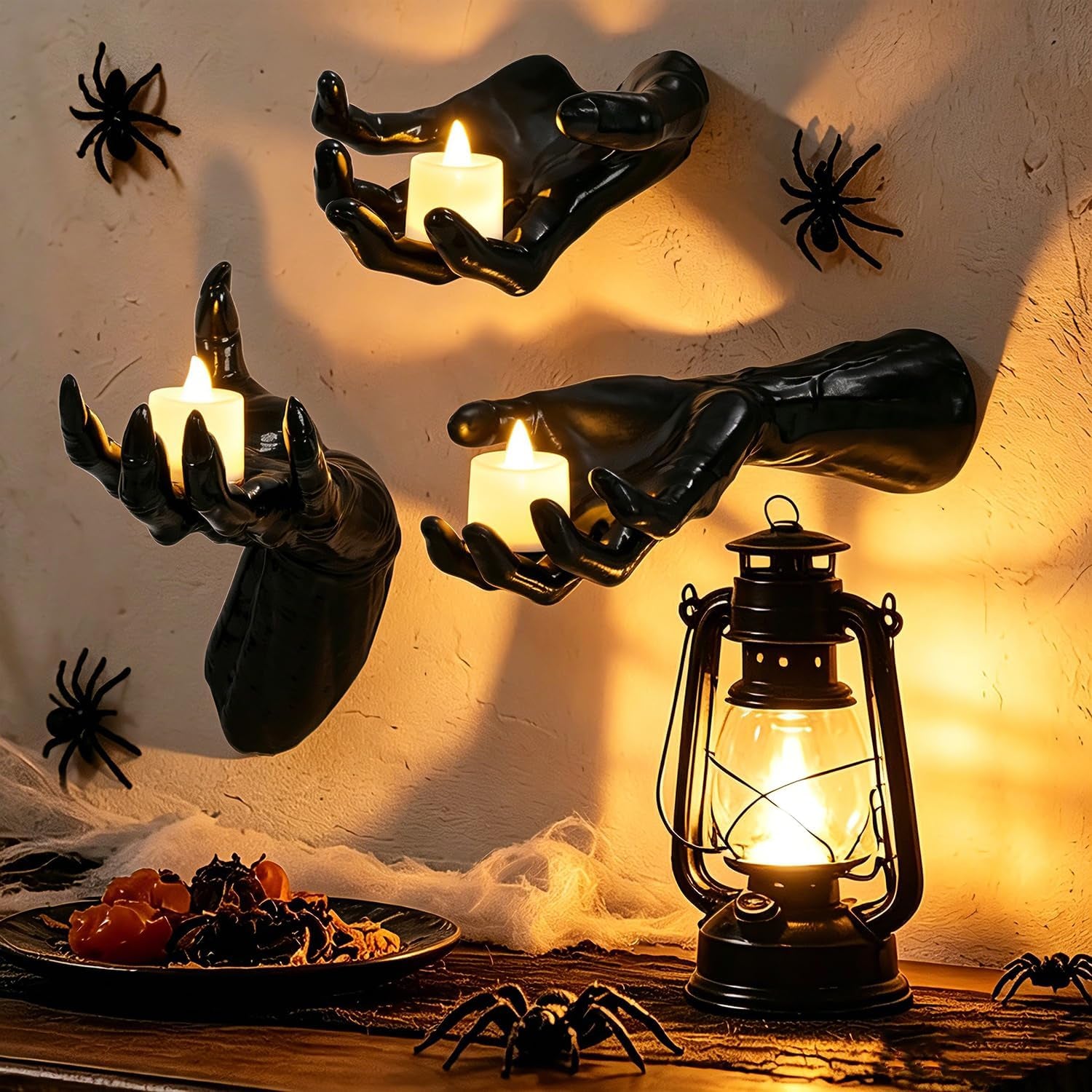 Halloween Wall Decor, Gothic Set of 3, LED Candle Hands Indoor Decoration | Halloween Wall Decorations Set of 3, Gothic Reaching Hands with LED Candles, Life-Sized Horror Props for Indoor Outdoor Party