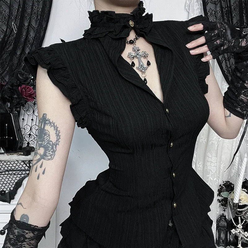 90S Grunge Single Breasted Slim Wasit Shirt Blouses Women Alt Teachwear Mall Gothic Stringy Selvedge Sleeveless Shirts