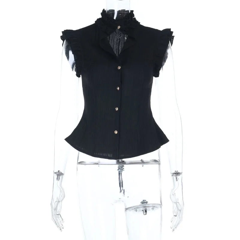 90S Grunge Single Breasted Slim Wasit Shirt Blouses Women Alt Teachwear Mall Gothic Stringy Selvedge Sleeveless Shirts
