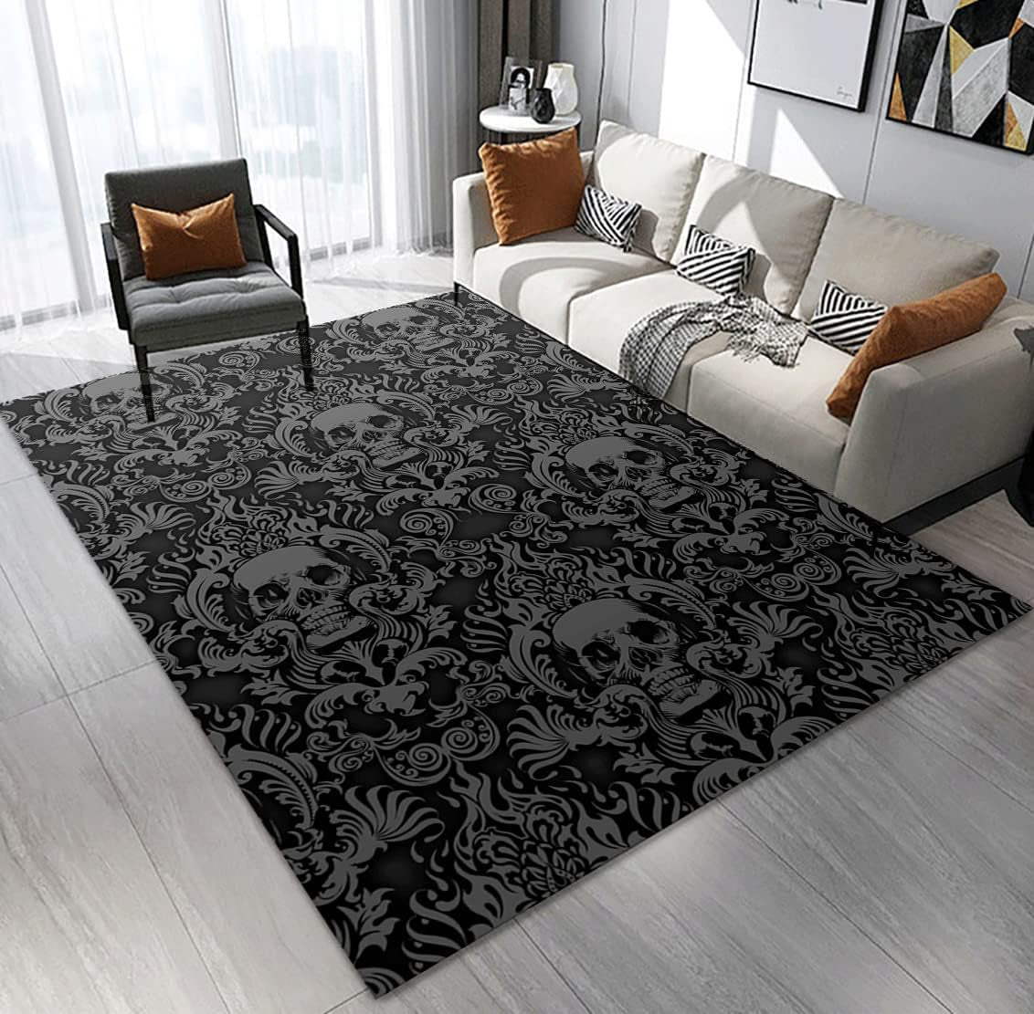 Vintage Black Gothic Skull Area Rugs Home Decor Halloween Rug Non Slip Soft Carpet Throw Rugs Floor Carpet Goth Decor Witch Wiccan Decor for Living Room Bedroom 6'X8'