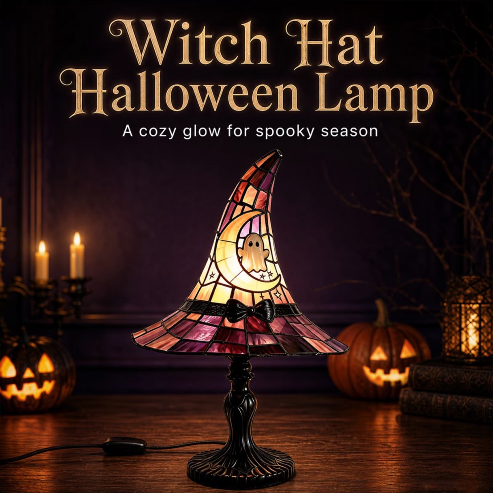 Stained Glass Witch Hat Lamp, Halloween Decoration Pink Purple Ghost Moon Small Tiffany Lamp, Gothic Indoor Halloween Table Decor Night Light - 11 Inch