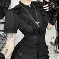 Sweet Lolita Cotton Shirts Women Vintage Gothic Black White Jacquard Short Sleeve Blouses Elegant Office Lady Y2K Tops