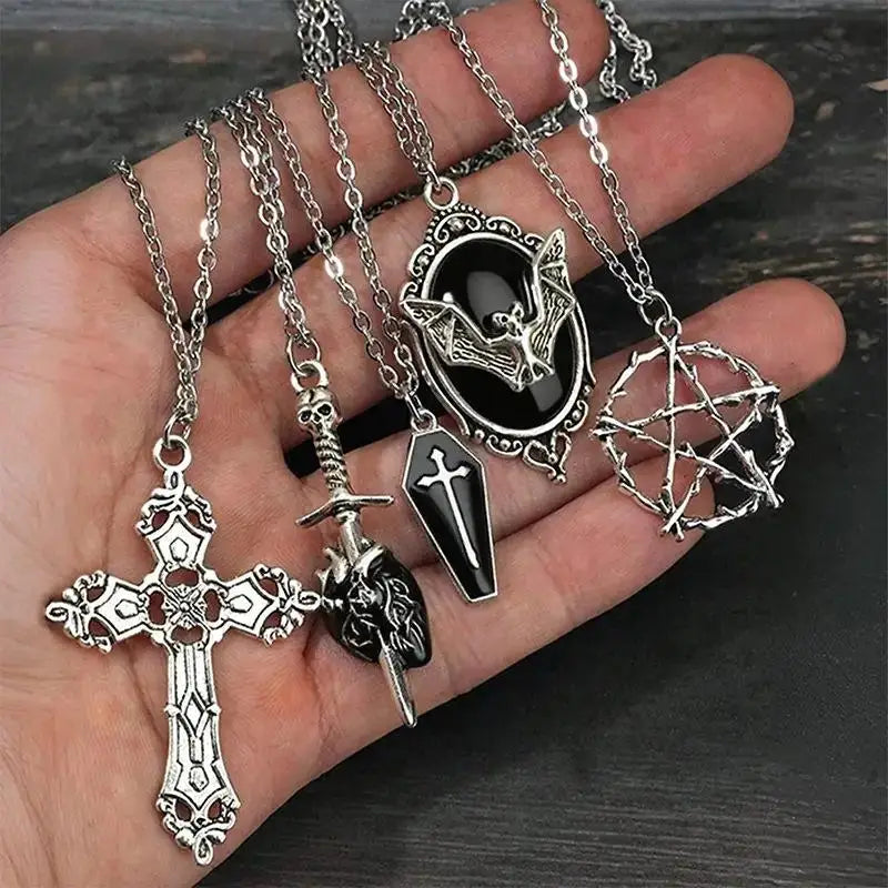 5Pcs Gothic Necklace Set for Women Halloween Jewelry Heart Bat Spider Cross Pendant Sweater Chain Trendy Daily Accessories Gift