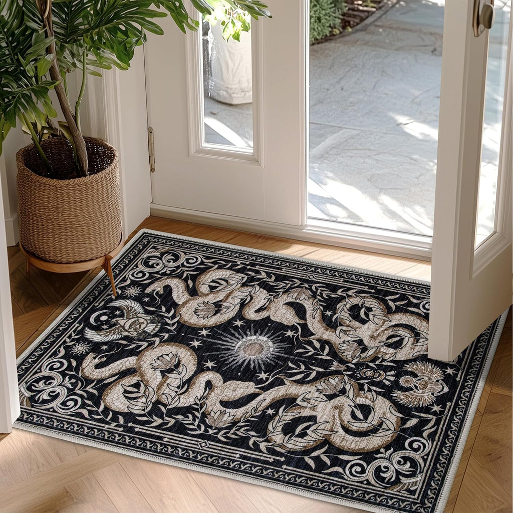2X3 Snake Washable Rug Small Gothic Animal Rug Soft Low-Pile Thin Area Rug for Living Room Bedroom Dining Modern Art Deco Black Gold