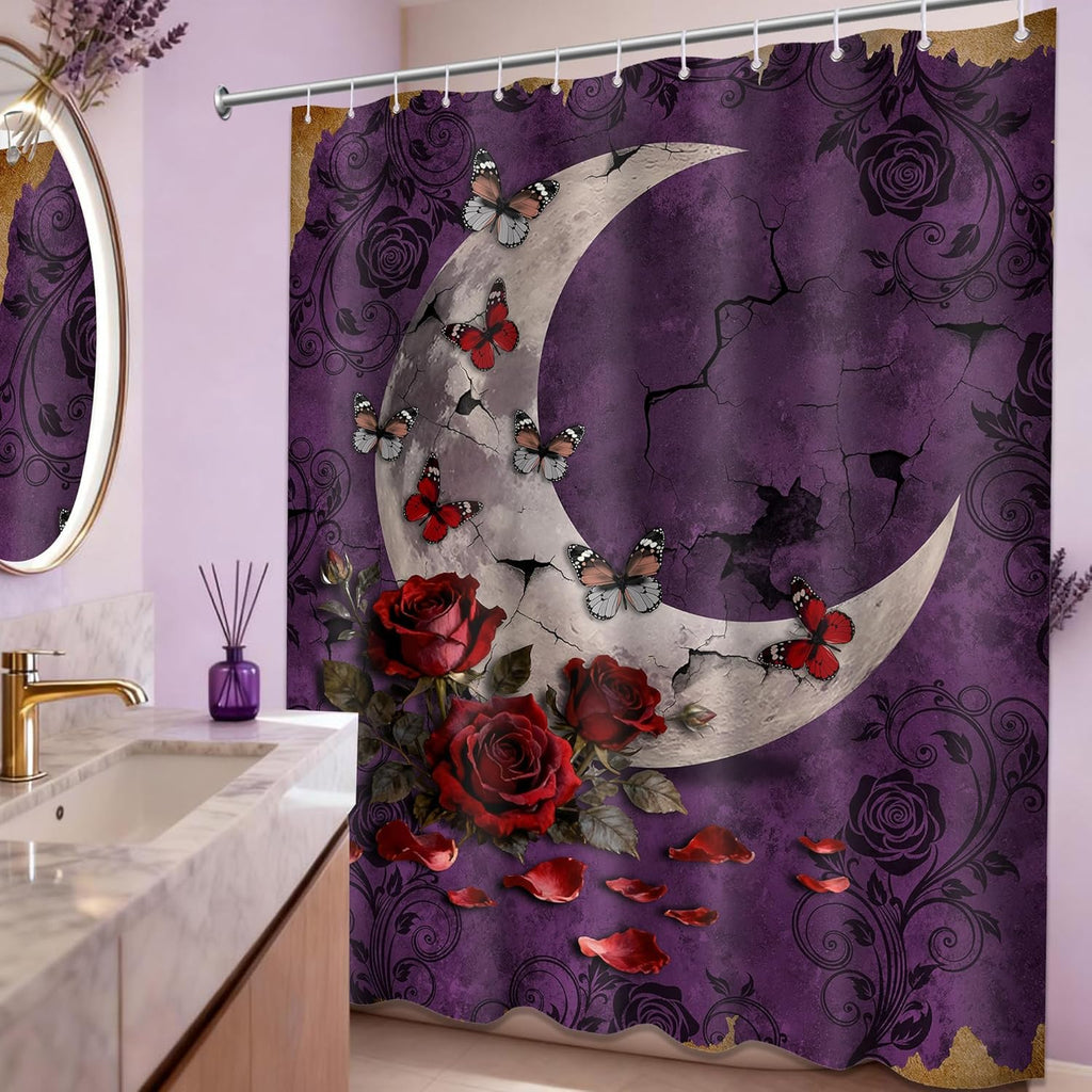 Purple Witchy Shower Curtain Gothic Moon Goth, 70 X 72 Inch | Waterproof Cloth Fabric, Includes Hooks, Bathroom Decor Sets