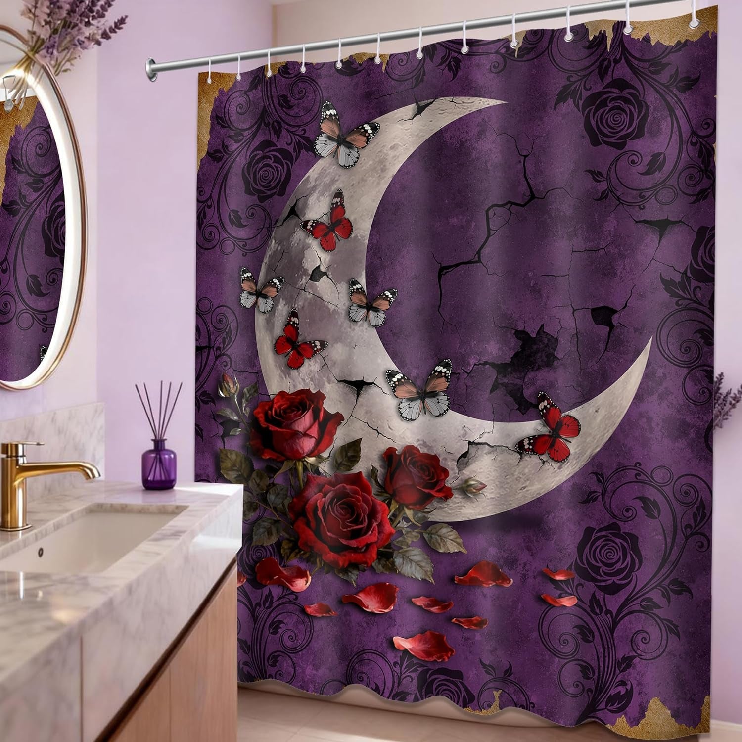 Purple Witchy Shower Curtain Gothic Moon Goth, 70 X 72 Inch | Waterproof Cloth Fabric, Includes Hooks, Bathroom Decor Sets