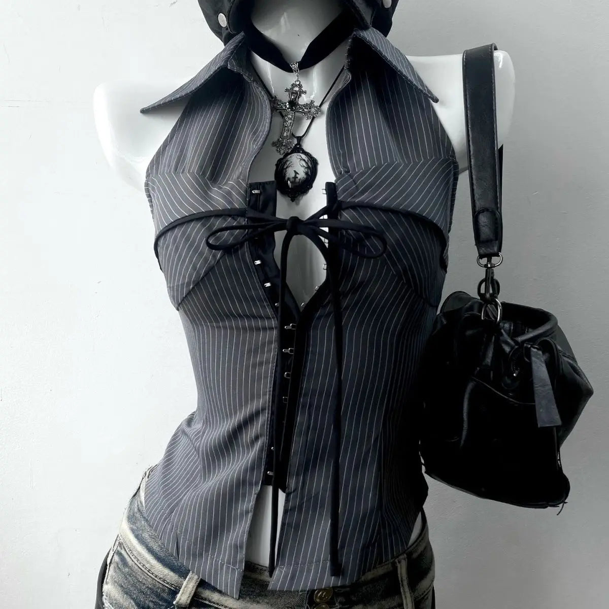 Vintage T-Shirt Streetwear 90S Slim Sexy Goth Y2K Clothes Aesthetic Harajuku High Street Stripe Laceup Summer Fashion Grunge Tee