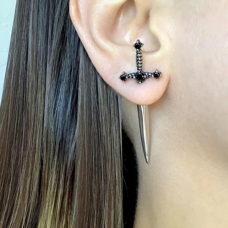 Gothic Punk Dagger Sword Stud Earrings - Black Cubic Zirconia Screw Earrings for Women & Men - Halloween Costume Jewelry Gifts