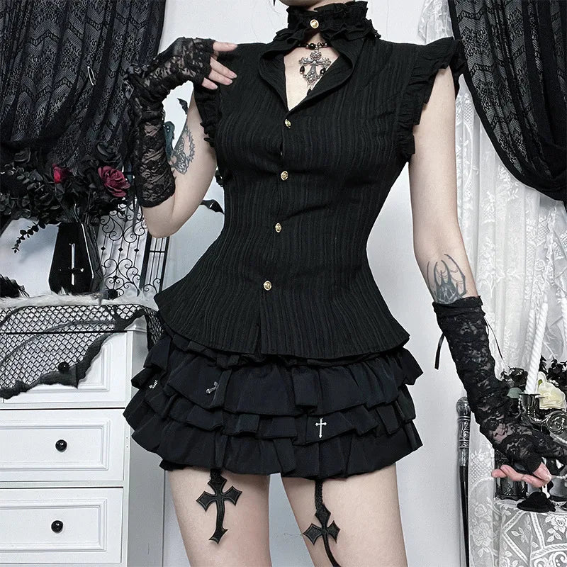 90S Grunge Single Breasted Slim Wasit Shirt Blouses Women Alt Teachwear Mall Gothic Stringy Selvedge Sleeveless Shirts