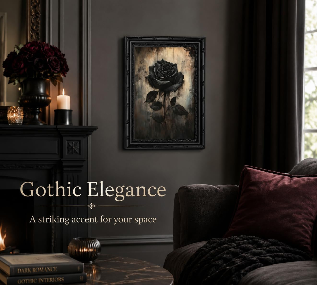 Black Framed Gothic Dark Black Flower Canvas Wall Art | Vintage Rose Picture Wall Decor,Halloween Moody Botanical Print Artwork.For Bathroom Living Room Room Home Decoration,9X11In