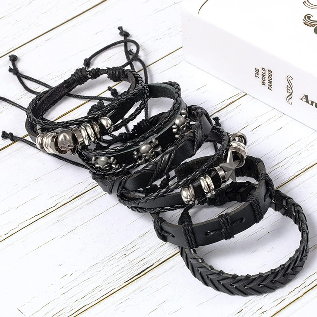Gothic Leather Cuff Bracelet Bracelet Femme for Men Women Goth Punk Leather Wristband Skull Stackable Braided Cuff Bracelets Multi Layer Wrist Bracelets Punk Rock Jewelry Black
