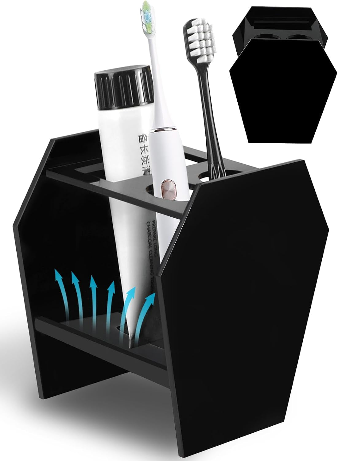Gothic Decor Coffin Toothbrush Holders for Bathrooms - Black Acrylic Halloween Goth Bathroom Decor, Spooky Halloween 3 Slots Toothbrush and Toothpaste Holder, Halloween Decor Oddities and Curiosities
