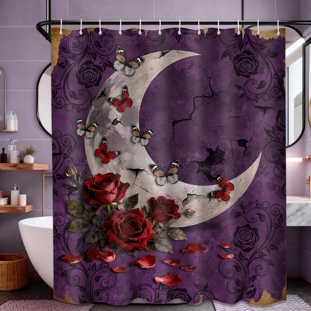 Purple Witchy Shower Curtain Gothic Moon Goth, 70 X 72 Inch | Waterproof Cloth Fabric, Includes Hooks, Bathroom Decor Sets
