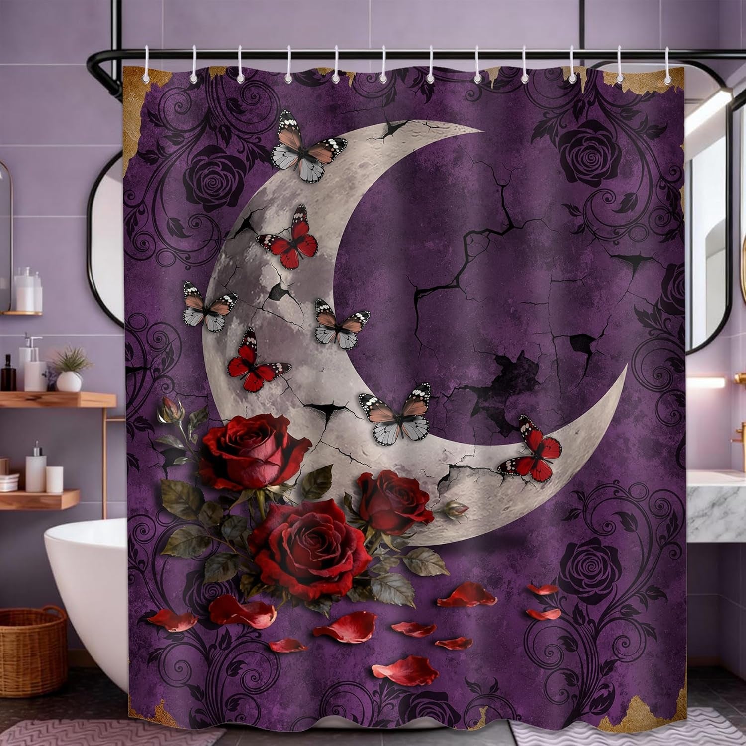 Purple Witchy Shower Curtain Gothic Moon Goth, 70 X 72 Inch | Waterproof Cloth Fabric, Includes Hooks, Bathroom Decor Sets