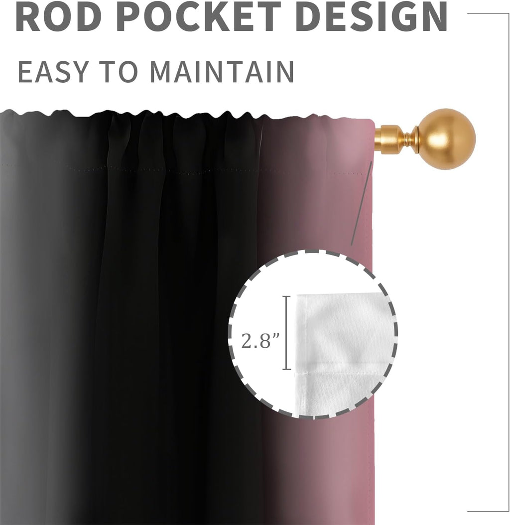 Black Pink Grey Curtain, Ombre, 2 Panels, 42" W X 63" L, Rod Pocket | Cute Princess Bedroom Theme, Pretty Beautiful Aesthetic, Dark Moody Gothic Halloween Style, Window Drapes Decor