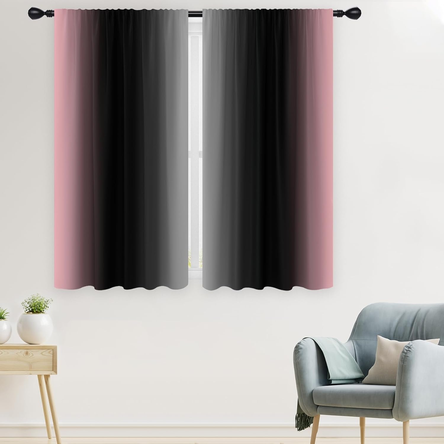 Black Pink Grey Curtain, Ombre, 2 Panels, 42" W X 63" L, Rod Pocket | Cute Princess Bedroom Theme, Pretty Beautiful Aesthetic, Dark Moody Gothic Halloween Style, Window Drapes Decor