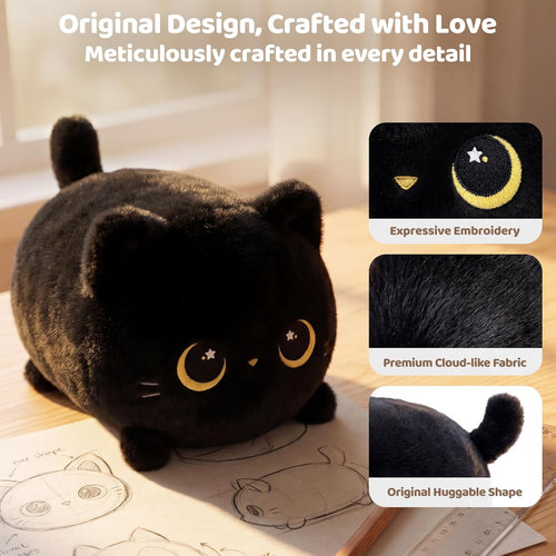 Black Cat Plush Kawaii Plushies, Ultra-Soft Feel, 8 in | Starry-Eyed Cat Design, 8 in Portable Size, Cuddly Plush, Gentle Machine Washable, Desk Decor, for Kids, Teens & Cat Lovers