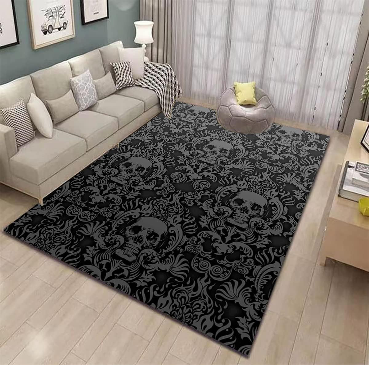 Vintage Black Gothic Skull Area Rugs Home Decor Halloween Rug Non Slip Soft Carpet Throw Rugs Floor Carpet Goth Decor Witch Wiccan Decor for Living Room Bedroom 6'X8'