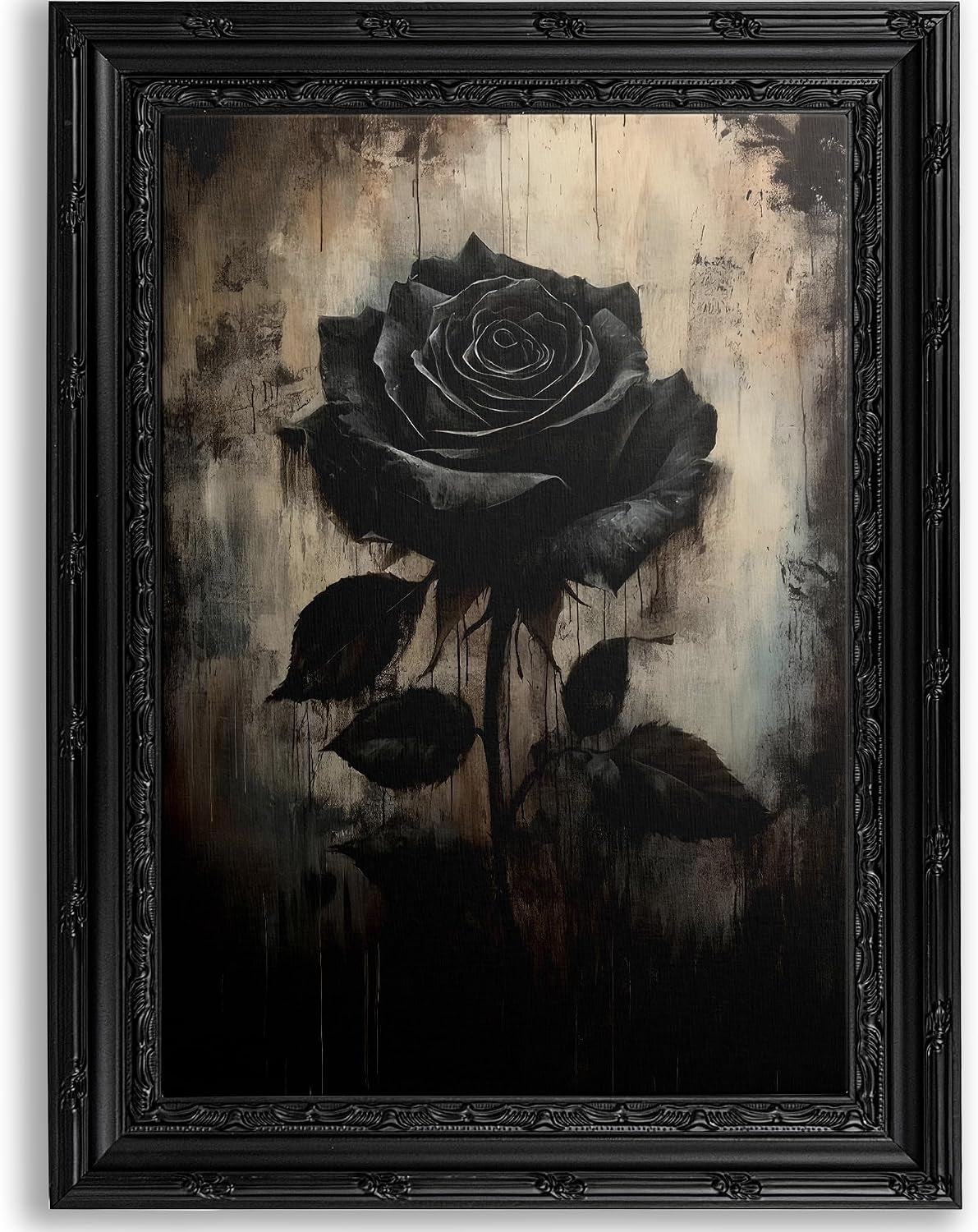 Black Framed Gothic Dark Black Flower Canvas Wall Art | Vintage Rose Picture Wall Decor,Halloween Moody Botanical Print Artwork.For Bathroom Living Room Room Home Decoration,9X11In