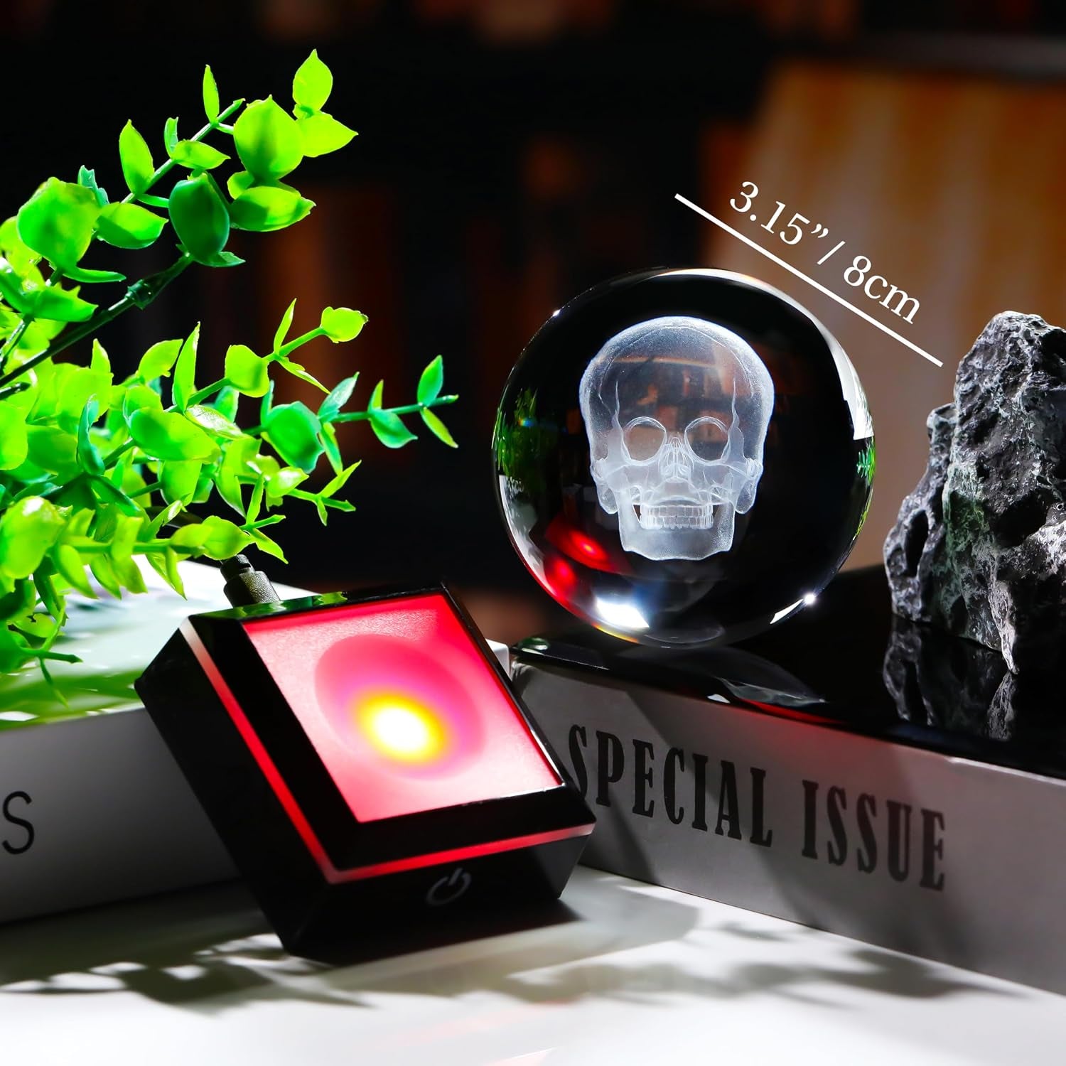 3D Crystal Skull Decor- 80MM Halloween Skull Light Witch Figurines Occult Medieval Goth Satanic Home Desk Glass Skull Decor Witchy Gifts Horror Statue