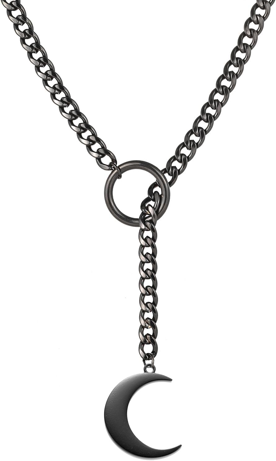 Goth Slip Chain Choker Necklace for Women Stainless Steel Cuban Chain Moon Necklace Punk Rock Collar Necklace Adjustable Lariat Y Necklace for Men