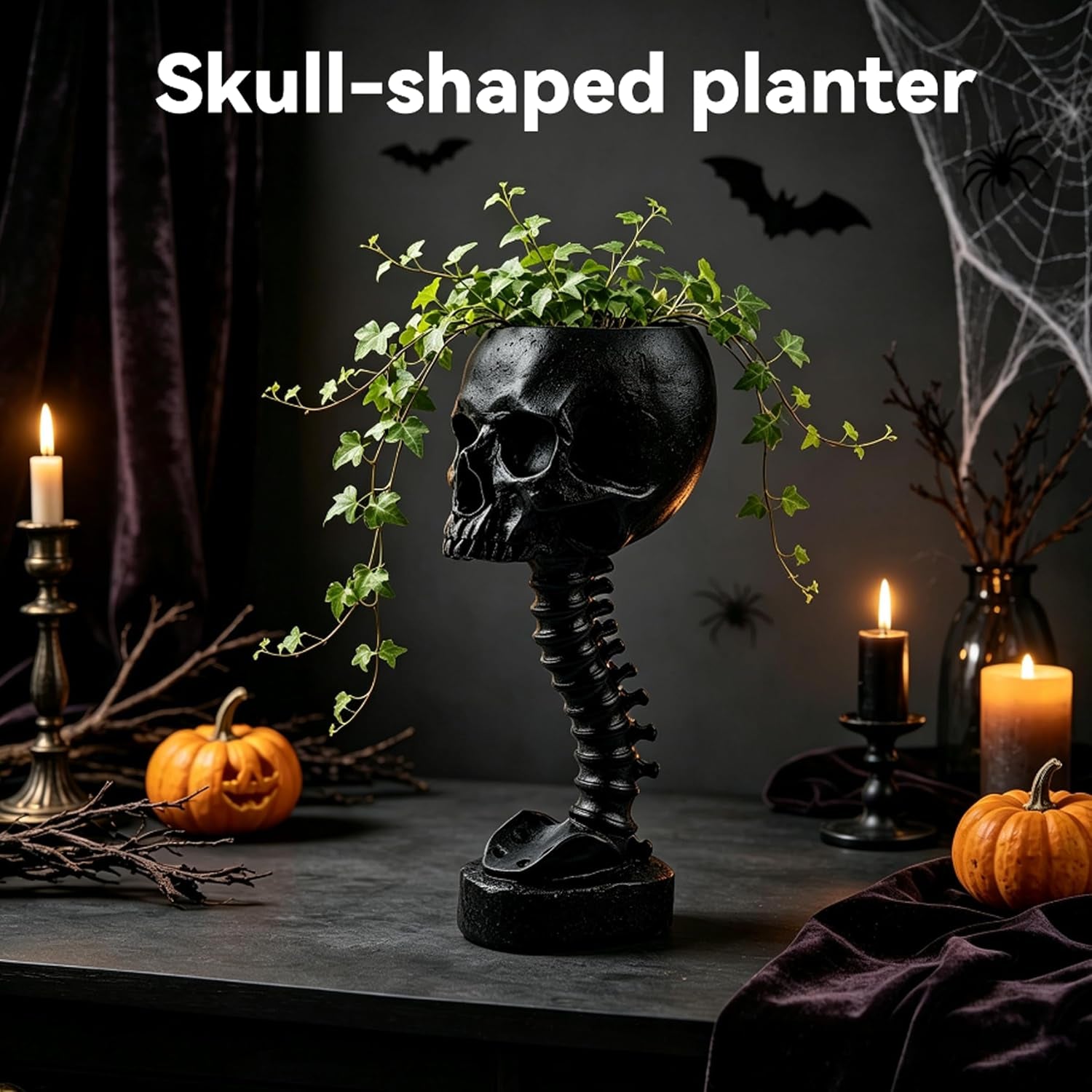 Gothic Skull Planter, Black Skeleton Vase for Goth Home Decor | 11.6" Skeleton Flower Pot, Indoor Plant Container for Halloween & Bathroom Decor;Skull Pot Self Watering