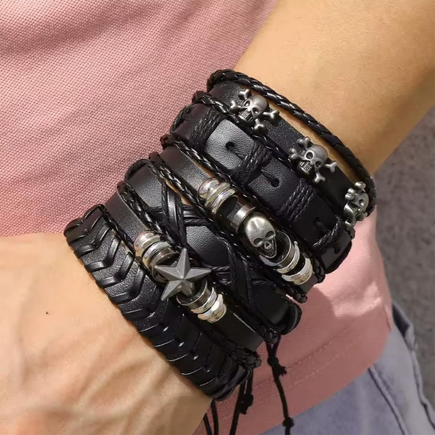 Gothic Leather Cuff Bracelet Bracelet Femme for Men Women Goth Punk Leather Wristband Skull Stackable Braided Cuff Bracelets Multi Layer Wrist Bracelets Punk Rock Jewelry Black