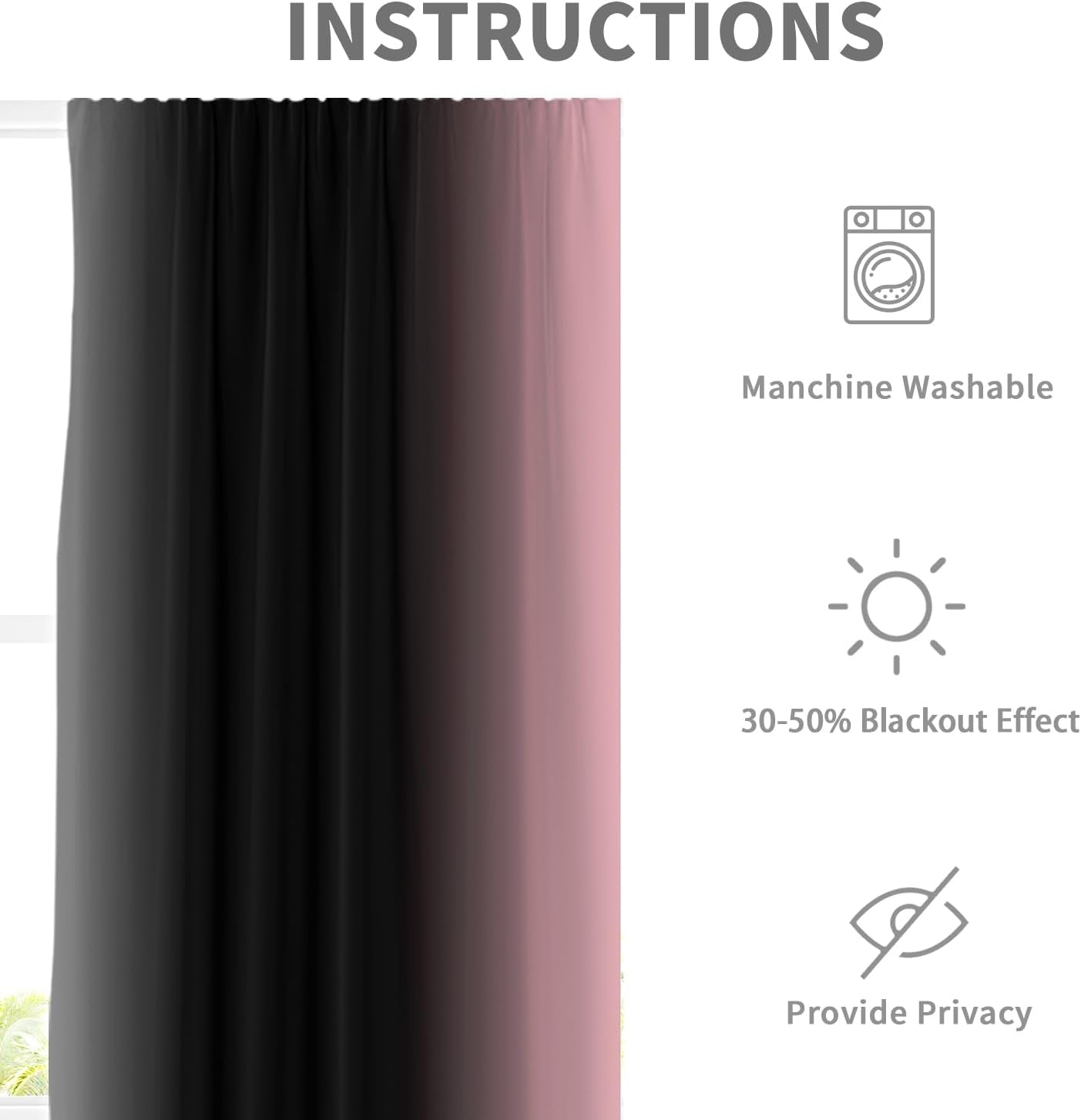Black Pink Grey Curtain, Ombre, 2 Panels, 42" W X 63" L, Rod Pocket | Cute Princess Bedroom Theme, Pretty Beautiful Aesthetic, Dark Moody Gothic Halloween Style, Window Drapes Decor
