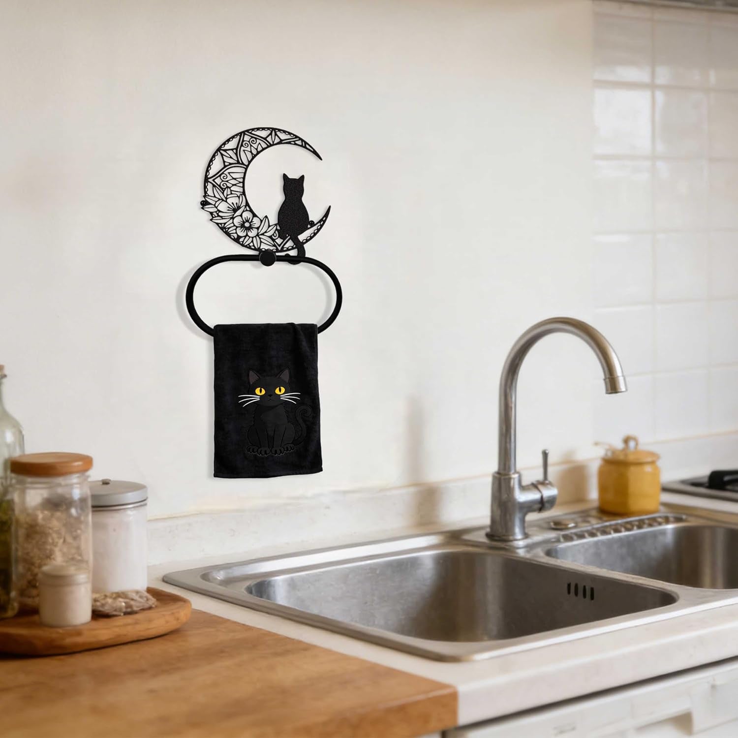 Gothic Black Cat Wall Decor Towel Ring, Moon and Cat Towel Hanger, Witchy Gothic Hand Towels Kitchen Bathroom Accessories, Bath Towel Rings Home Office Garden Hotel, Home Decors Gift