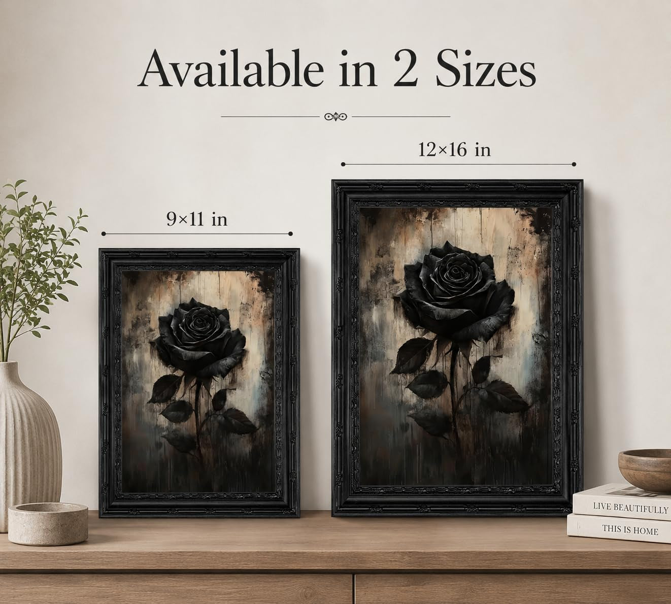 Black Framed Gothic Dark Black Flower Canvas Wall Art | Vintage Rose Picture Wall Decor,Halloween Moody Botanical Print Artwork.For Bathroom Living Room Room Home Decoration,9X11In