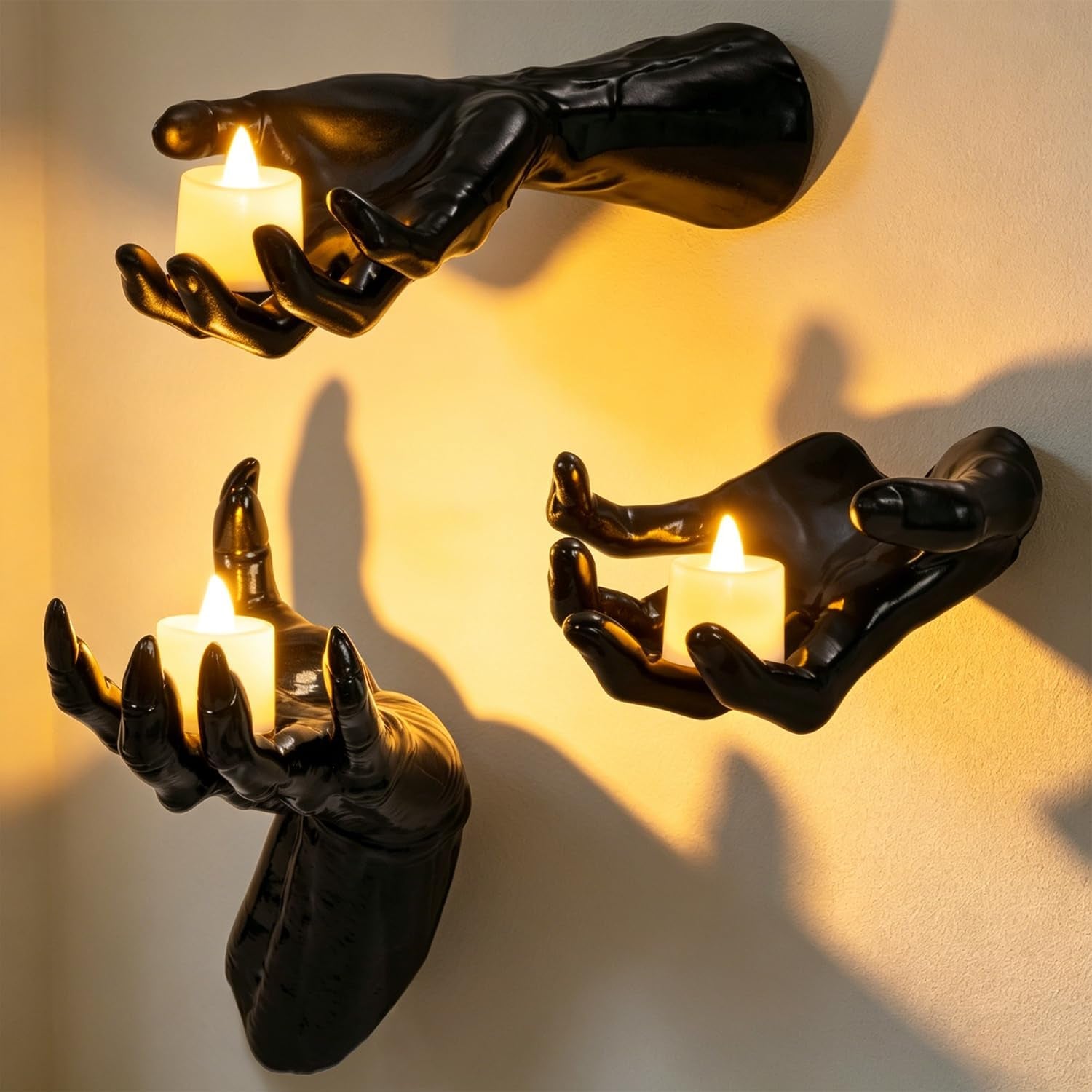 Halloween Wall Decor, Gothic Set of 3, LED Candle Hands Indoor Decoration | Halloween Wall Decorations Set of 3, Gothic Reaching Hands with LED Candles, Life-Sized Horror Props for Indoor Outdoor Party