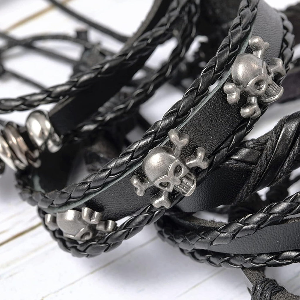 Gothic Leather Cuff Bracelet Bracelet Femme for Men Women Goth Punk Leather Wristband Skull Stackable Braided Cuff Bracelets Multi Layer Wrist Bracelets Punk Rock Jewelry Black