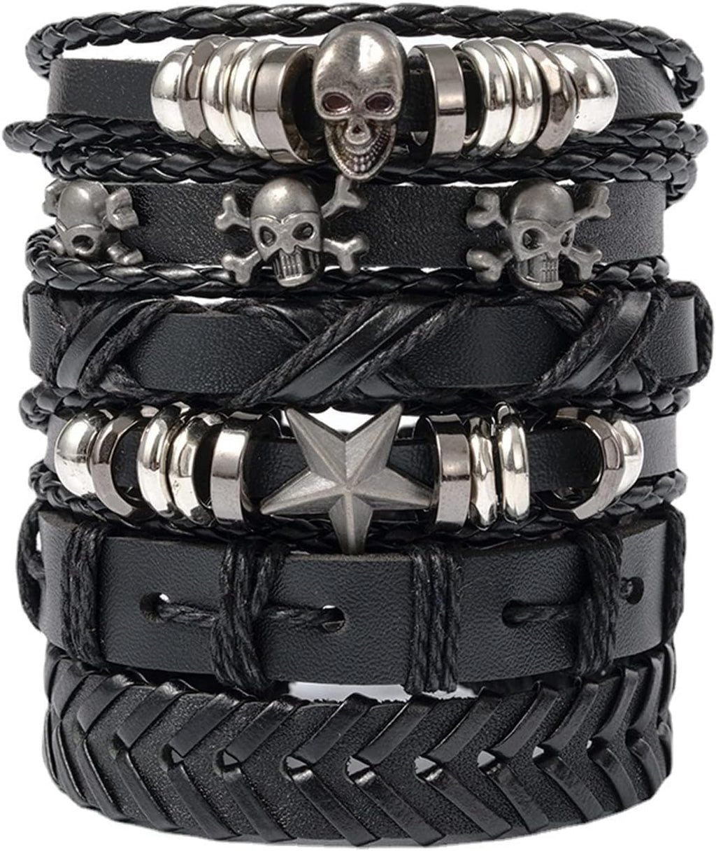 Gothic Leather Cuff Bracelet Bracelet Femme for Men Women Goth Punk Leather Wristband Skull Stackable Braided Cuff Bracelets Multi Layer Wrist Bracelets Punk Rock Jewelry Black