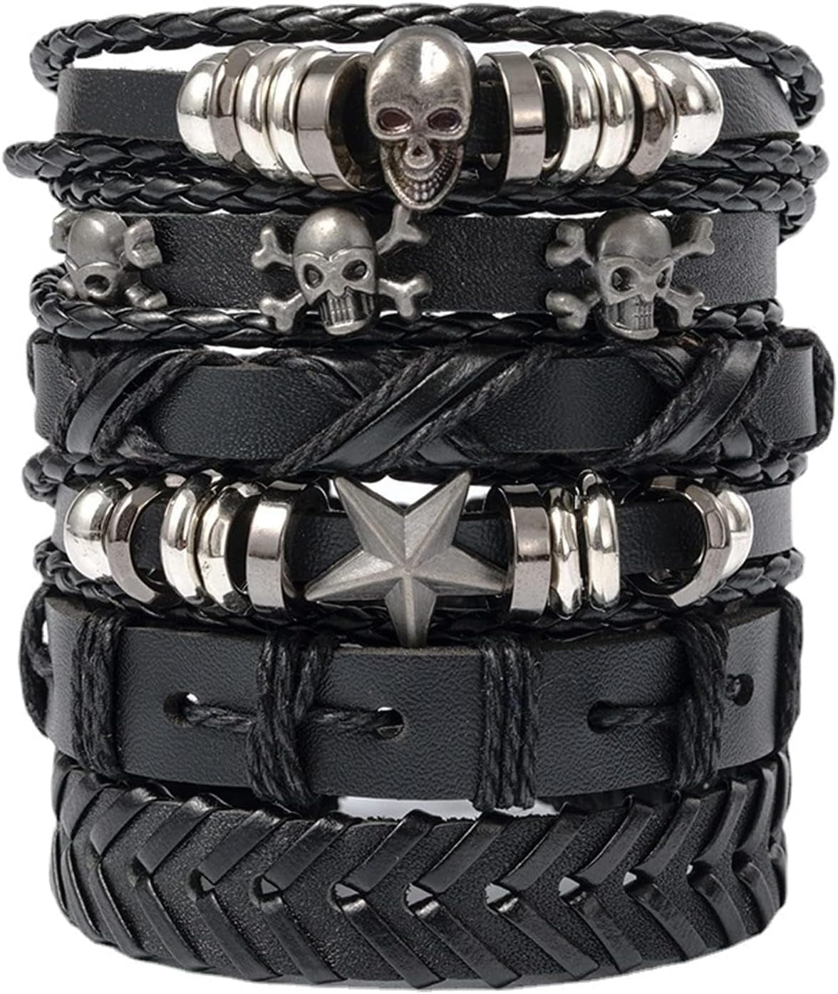 Gothic Leather Cuff Bracelet Bracelet Femme for Men Women Goth Punk Leather Wristband Skull Stackable Braided Cuff Bracelets Multi Layer Wrist Bracelets Punk Rock Jewelry Black