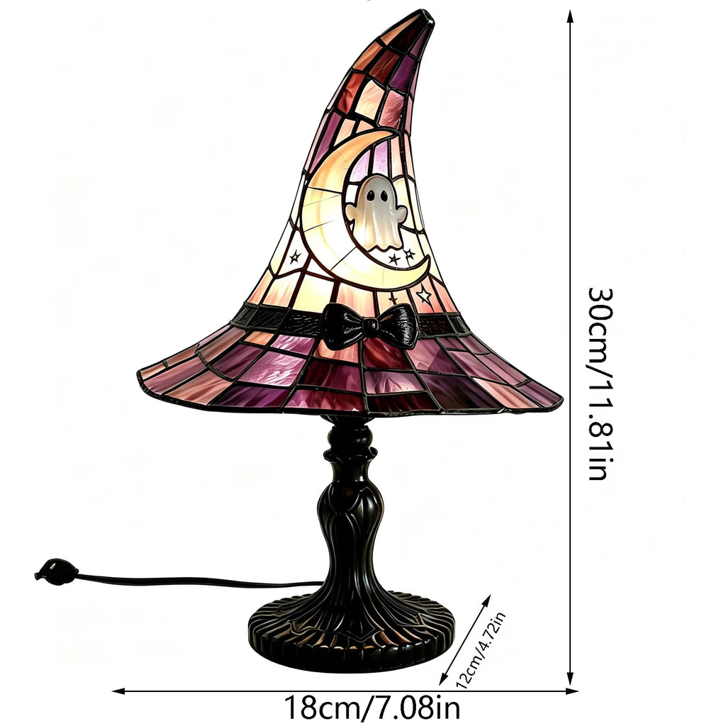 Stained Glass Witch Hat Lamp, Halloween Decoration Pink Purple Ghost Moon Small Tiffany Lamp, Gothic Indoor Halloween Table Decor Night Light - 11 Inch