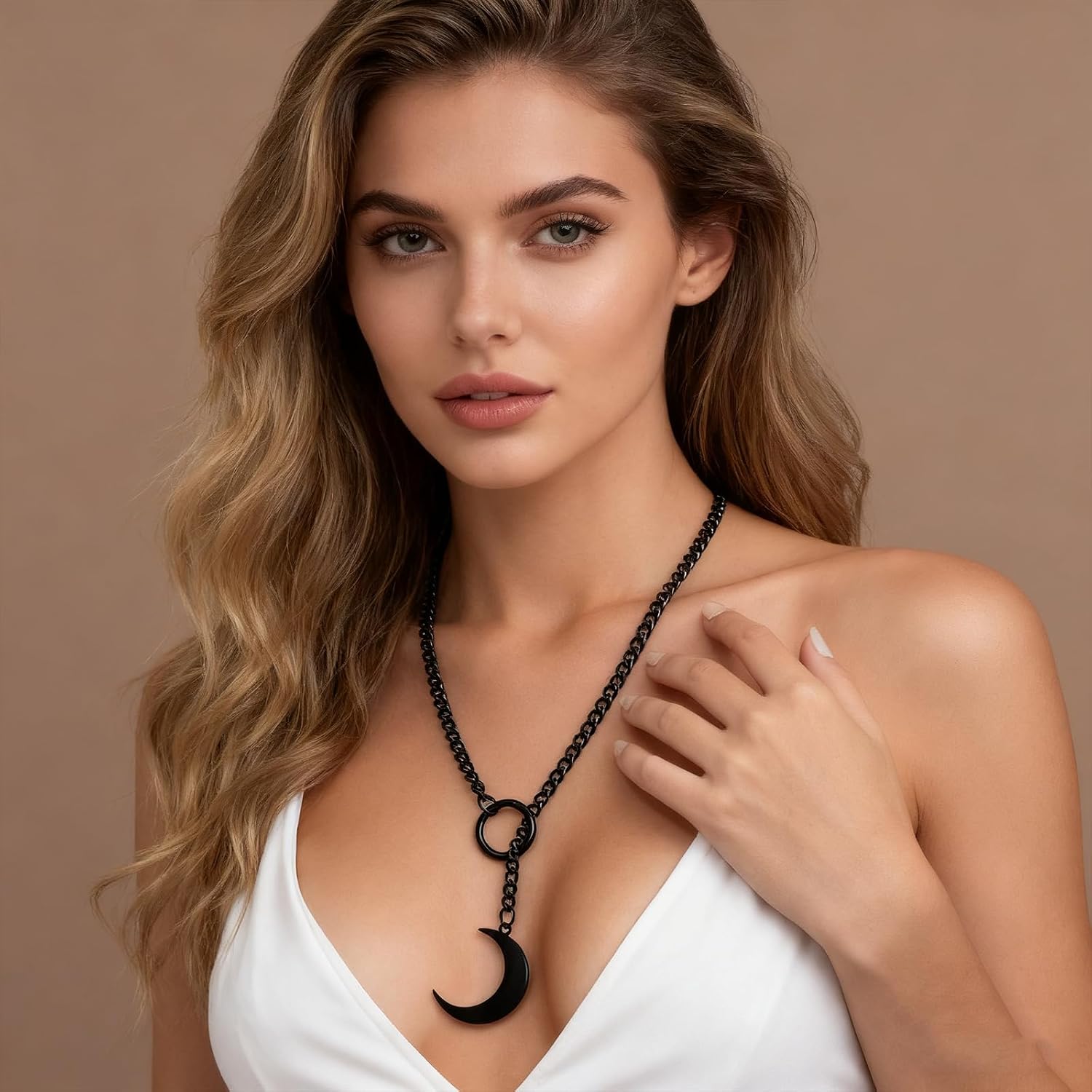 Goth Slip Chain Choker Necklace for Women Stainless Steel Cuban Chain Moon Necklace Punk Rock Collar Necklace Adjustable Lariat Y Necklace for Men