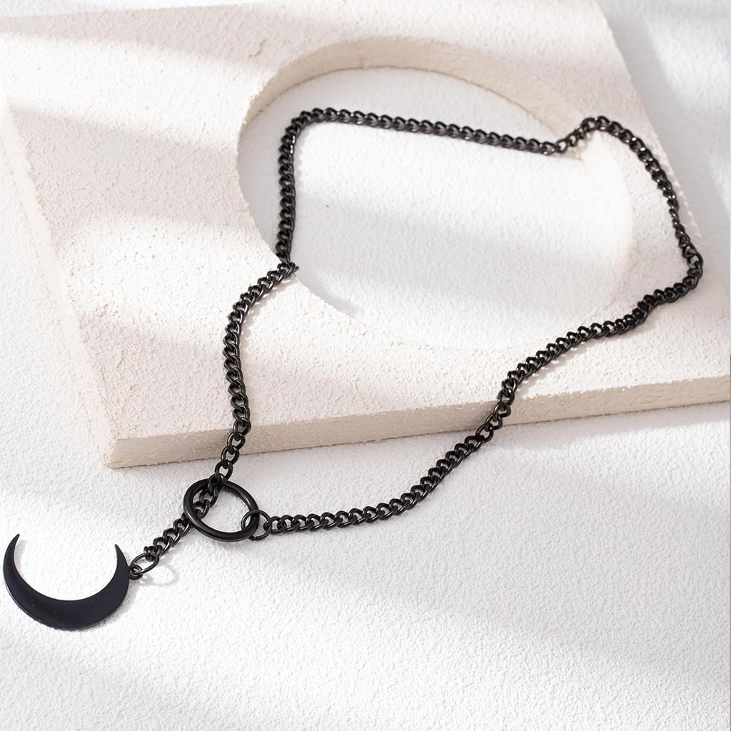 Goth Slip Chain Choker Necklace for Women Stainless Steel Cuban Chain Moon Necklace Punk Rock Collar Necklace Adjustable Lariat Y Necklace for Men
