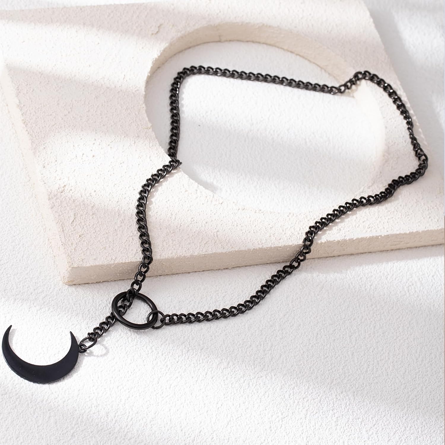 Goth Slip Chain Choker Necklace for Women Stainless Steel Cuban Chain Moon Necklace Punk Rock Collar Necklace Adjustable Lariat Y Necklace for Men