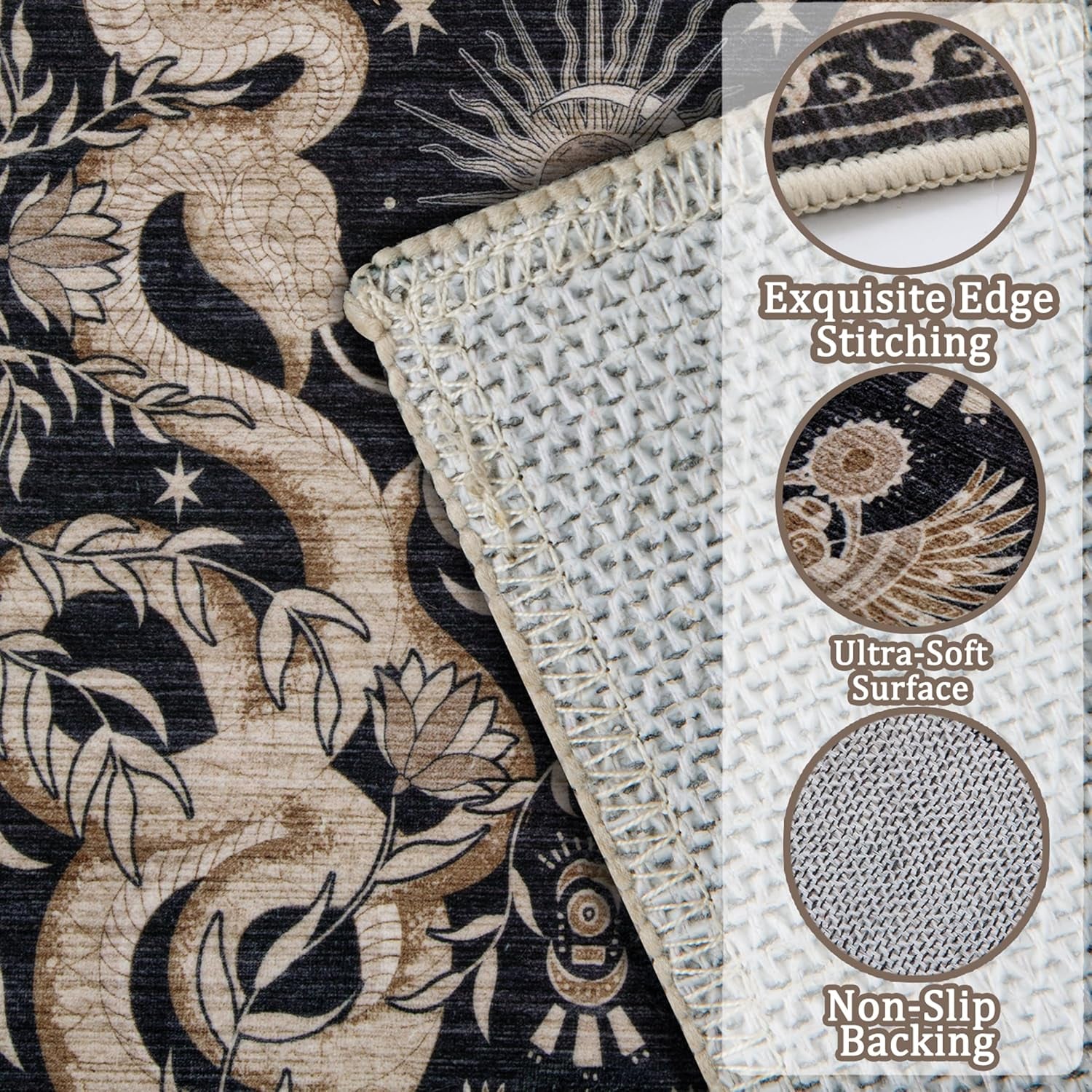 2X3 Snake Washable Rug Small Gothic Animal Rug Soft Low-Pile Thin Area Rug for Living Room Bedroom Dining Modern Art Deco Black Gold