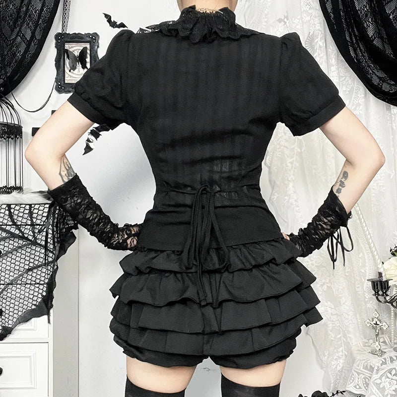 Sweet Lolita Cotton Shirts Women Vintage Gothic Black White Jacquard Short Sleeve Blouses Elegant Office Lady Y2K Tops
