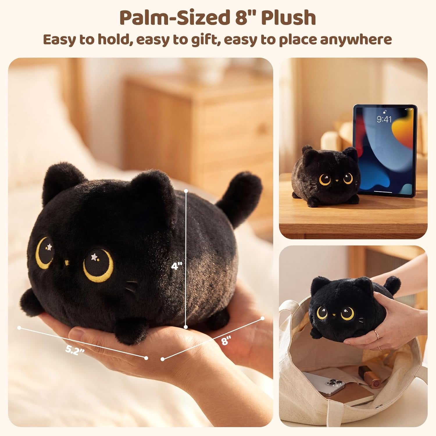 Black Cat Plush Kawaii Plushies, Ultra-Soft Feel, 8 in | Starry-Eyed Cat Design, 8 in Portable Size, Cuddly Plush, Gentle Machine Washable, Desk Decor, for Kids, Teens & Cat Lovers
