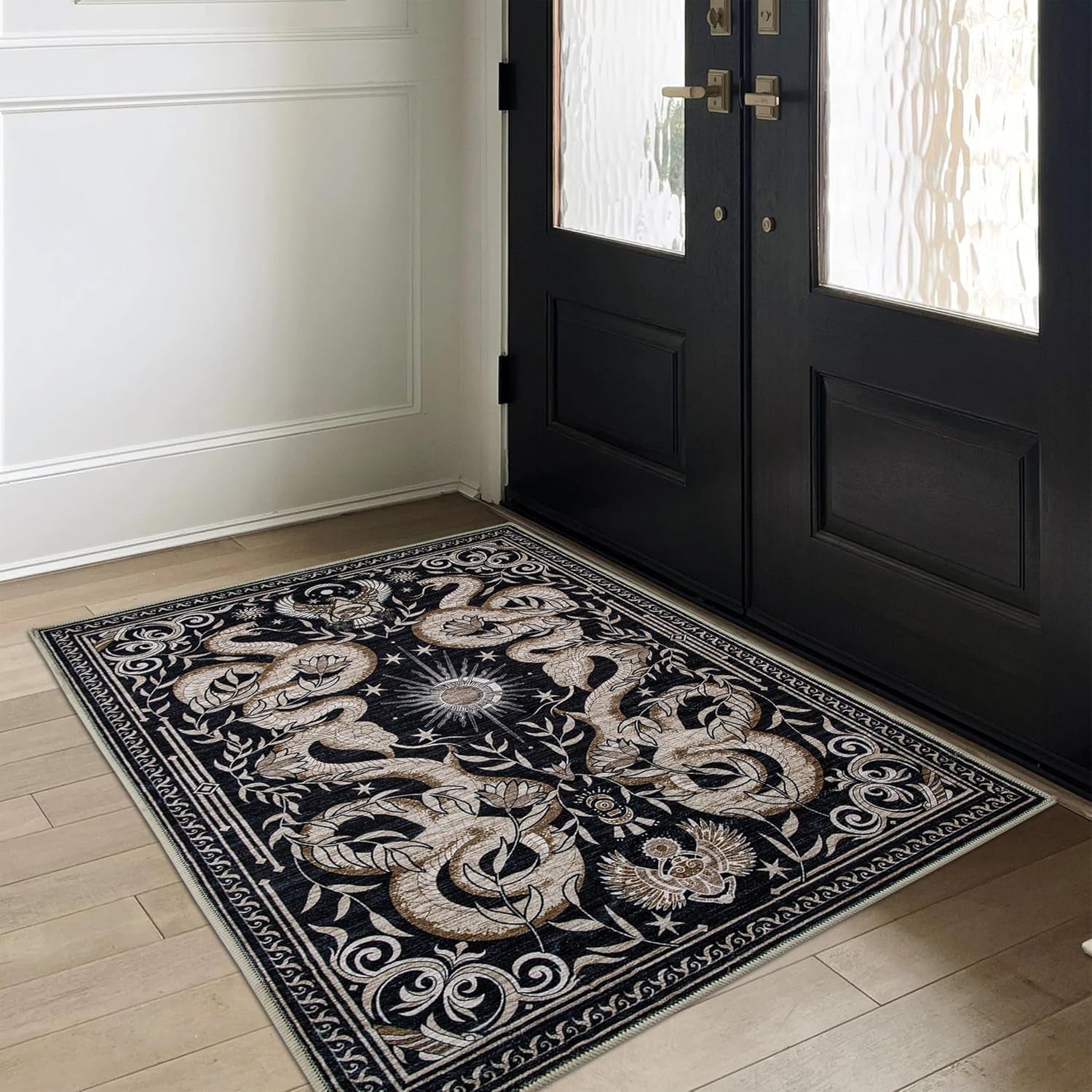 2X3 Snake Washable Rug Small Gothic Animal Rug Soft Low-Pile Thin Area Rug for Living Room Bedroom Dining Modern Art Deco Black Gold
