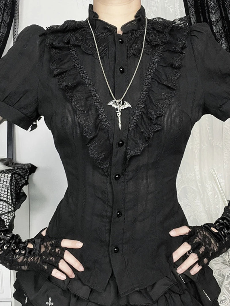 Sweet Lolita Cotton Shirts Women Vintage Gothic Black White Jacquard Short Sleeve Blouses Elegant Office Lady Y2K Tops