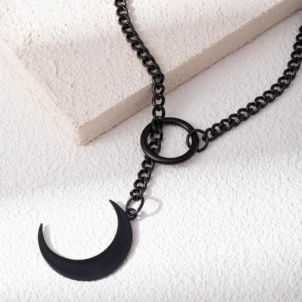 Goth Slip Chain Choker Necklace for Women Stainless Steel Cuban Chain Moon Necklace Punk Rock Collar Necklace Adjustable Lariat Y Necklace for Men