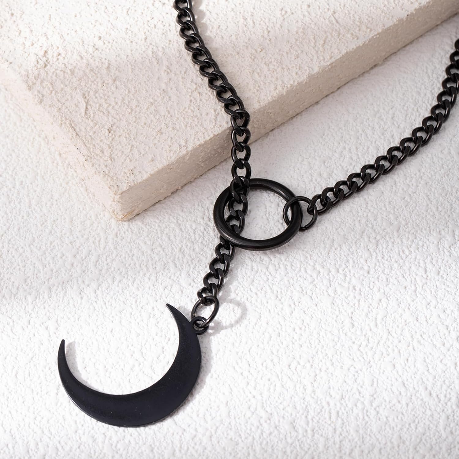 Goth Slip Chain Choker Necklace for Women Stainless Steel Cuban Chain Moon Necklace Punk Rock Collar Necklace Adjustable Lariat Y Necklace for Men